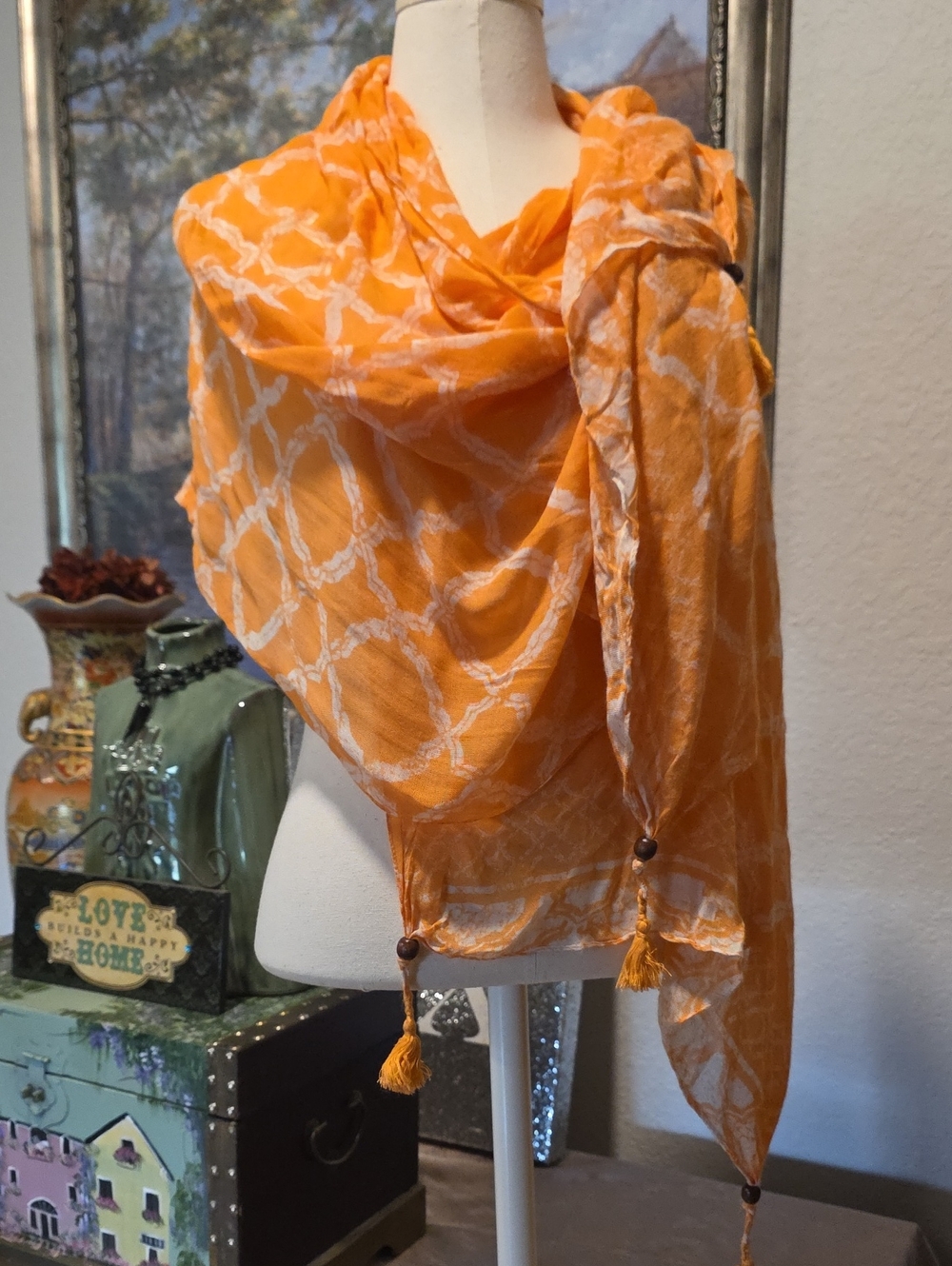 Lightweight Orange Patterned Scarf with Tassels
